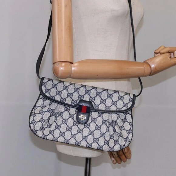 GUCCI GG Supreme Sherry Line Shoulder Bag PVC Red Navy Auth yk17172 - Picture 14 of 16